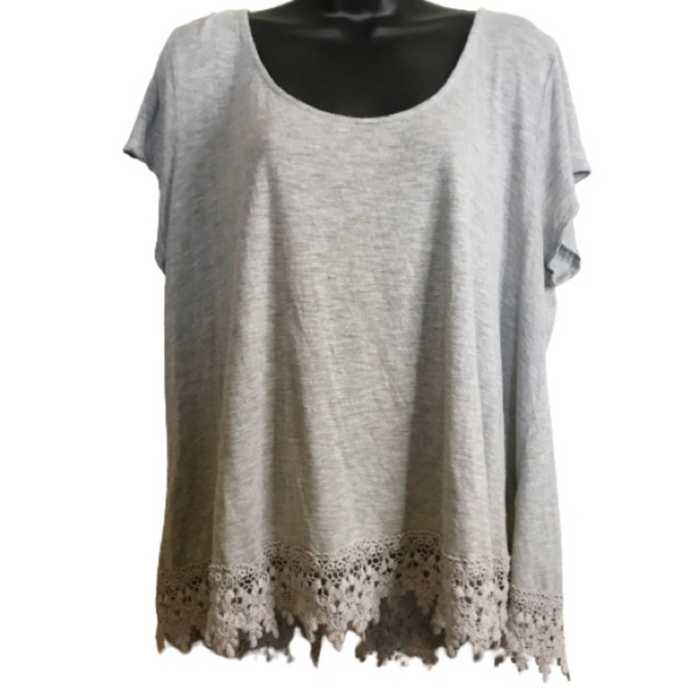 Jessica Simpson Grey Lace Trim Scoop Neck T-Shirt